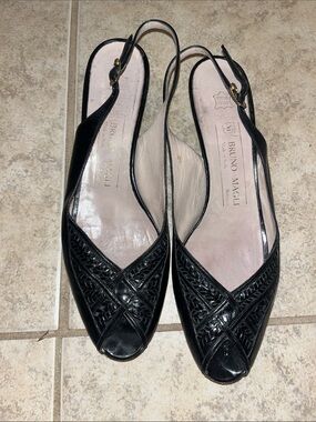 Bruno Magli Black Leather Slingback Peep-Toe Mules with Woven Detail